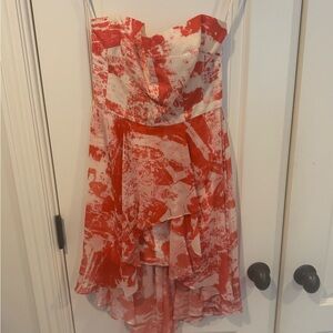 French Connection Strapless High Low Mini Dress Coral Red and White Sz 2